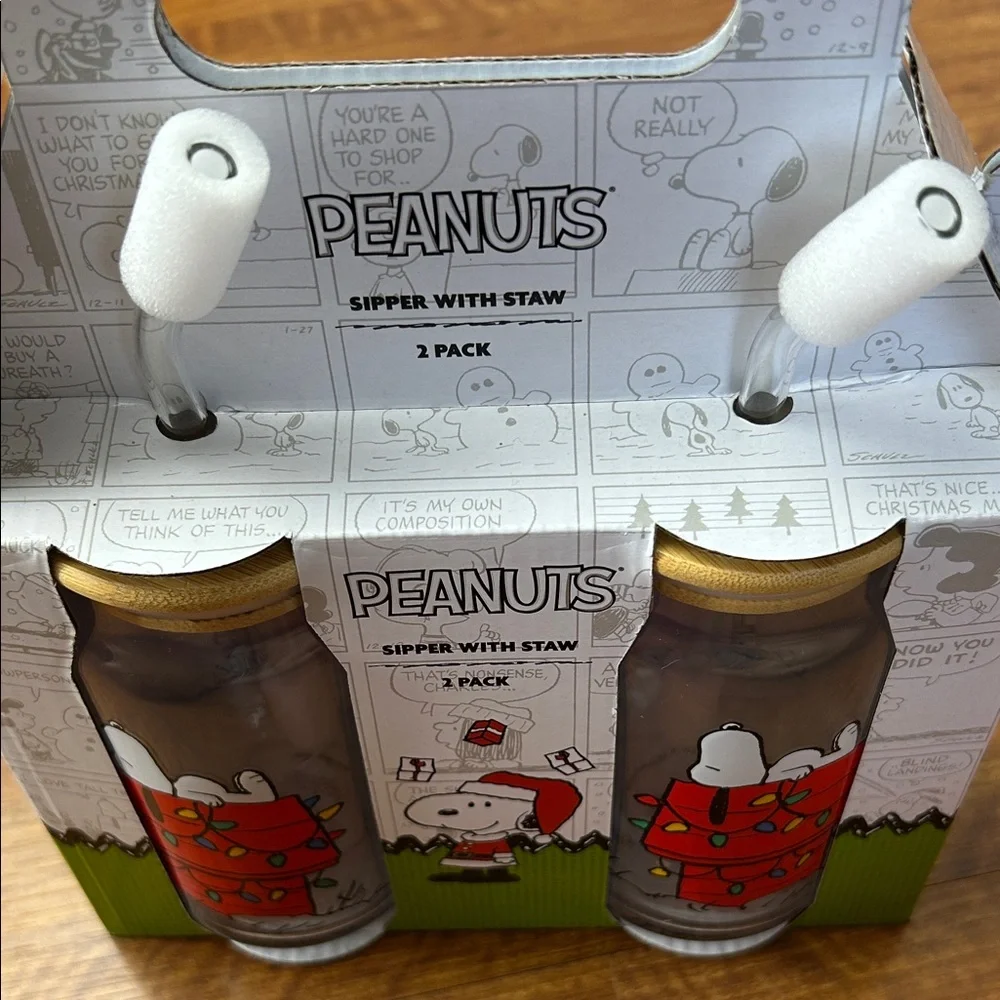 Peanuts Sipper with Straw 2 pack, Snoopy on Dog House with Christmas Lights NEW